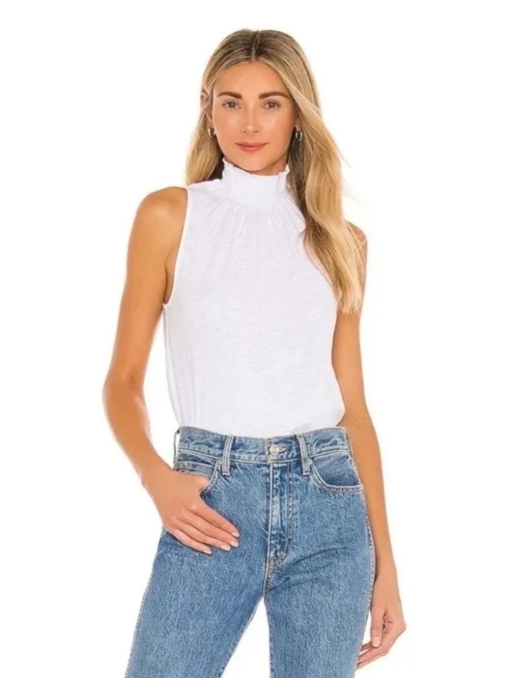 Nation LTD white Pima Cotton Smocked High Neck Sleeveless Top Button Back XS